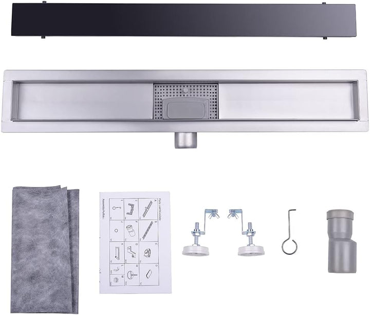Finmrys Duschrinne 80 cm Schwarz Glas Edelstahl komplettset Duschablauf Extra Flach Herausnehmbaren