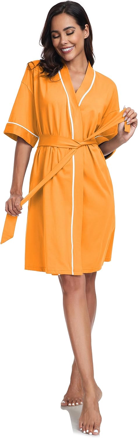 COLORFULLEAF 100% Baumwolle Bademantel Damen Kurz Morgenmantel Leicht Knielang Kimono Saunamantel Na