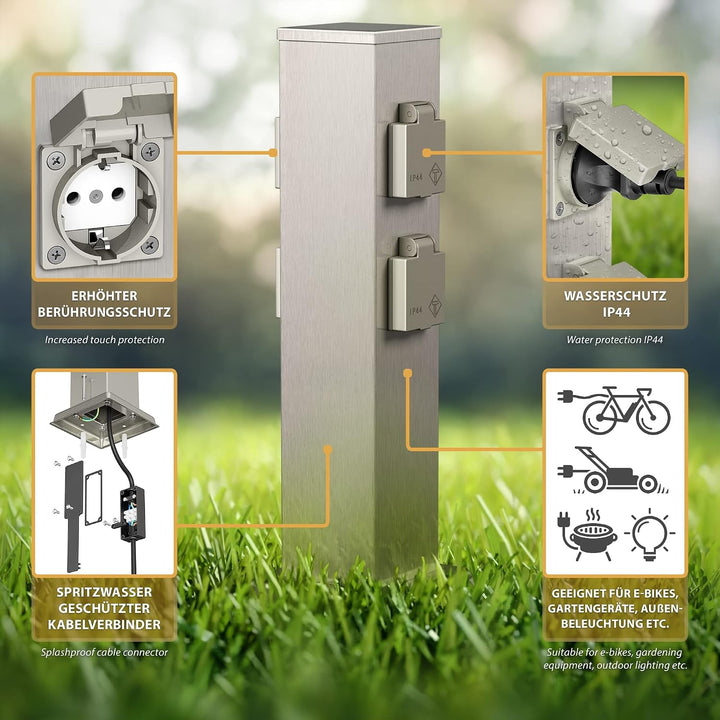 ledscom.de Garten-Steckdosen-Säule Polly mit Erdspiess und 2m Kabel für aussen, 4-Fach, Edelstahl, e