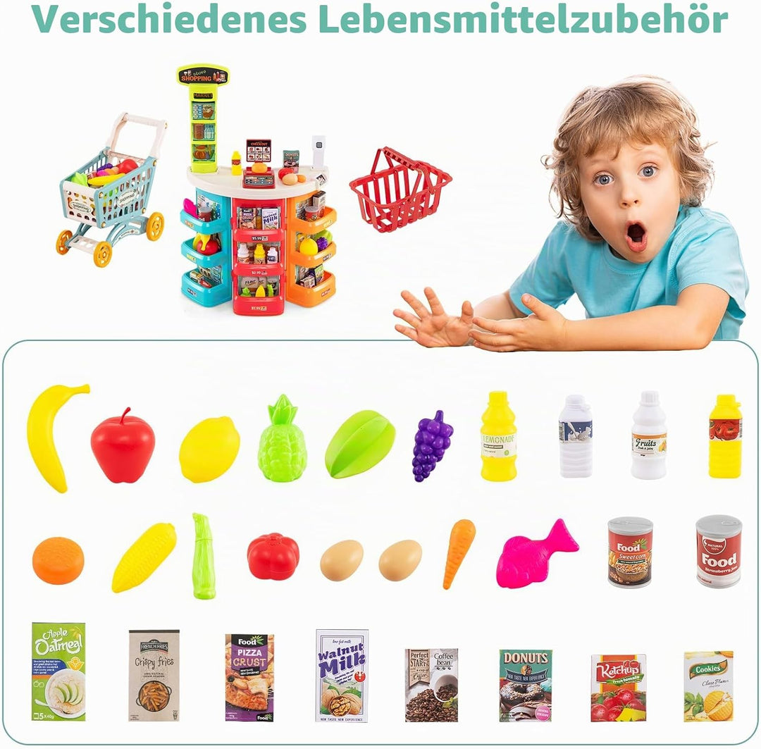 HOMASIS Supermarkt mit Einkaufswagen &amp; 29 Zubehör, Kaufladen mit Licht &amp; Sound, Kaufmannsladen mit K