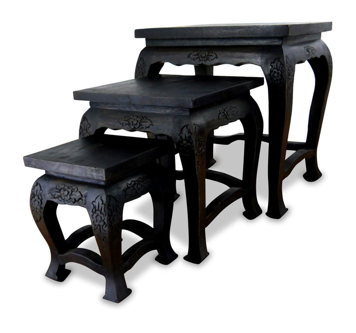 livasia Hoher Opiumtisch im 3er Set | Massivholz Beistelltisch | Asiatische Blumenhocker | Couchtisc