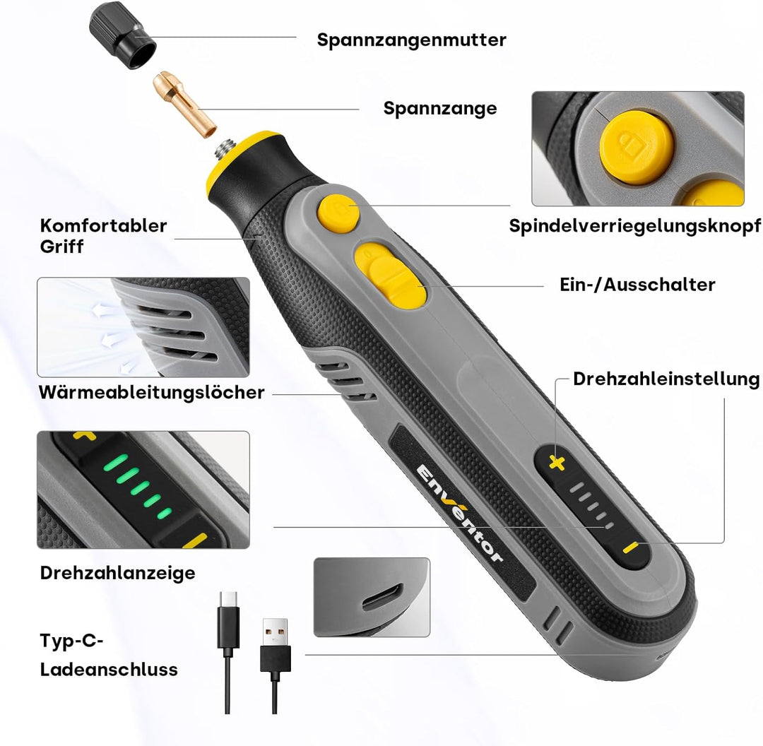 Enventor 4V Mini Multifunktionswerkzeug Akku, Rotationswerkzeug-Set, 5 Variable Geschwindigkeiten, 5