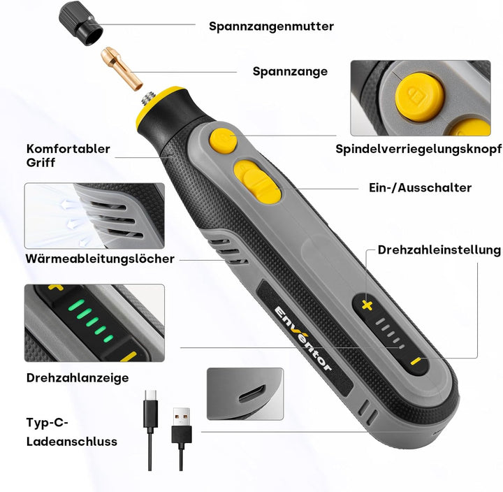 Enventor 4V Mini Multifunktionswerkzeug Akku, Rotationswerkzeug-Set, 5 Variable Geschwindigkeiten, 5