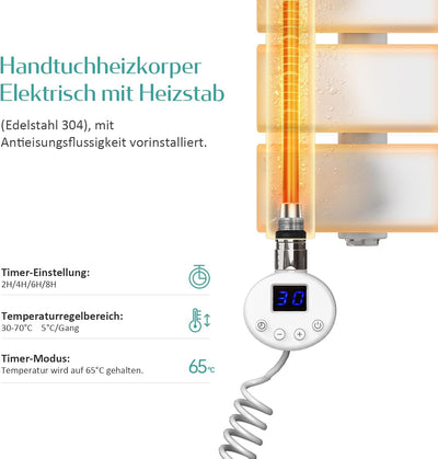 EMKE Badheizkörper Elektrisch 1320x600 mm, Handtuchheizkörper Elektrisch mit Thermostat Gebogen Hand