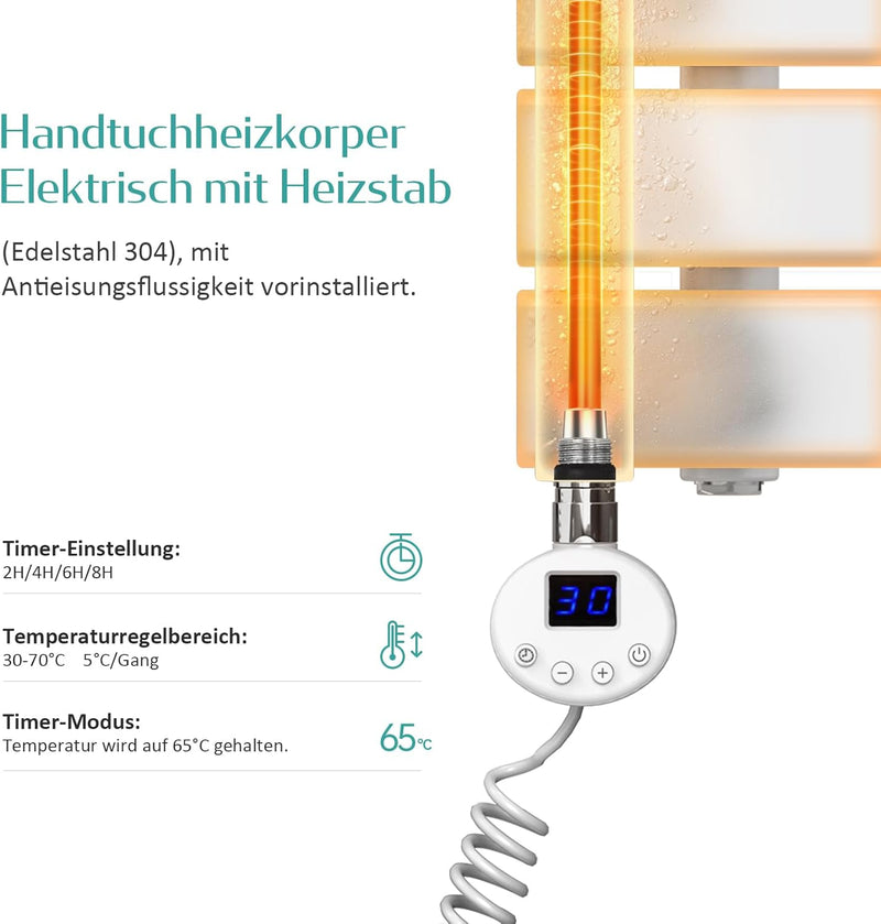 EMKE Badheizkörper Elektrisch 1320x600 mm, Handtuchheizkörper Elektrisch mit Thermostat Gebogen Hand