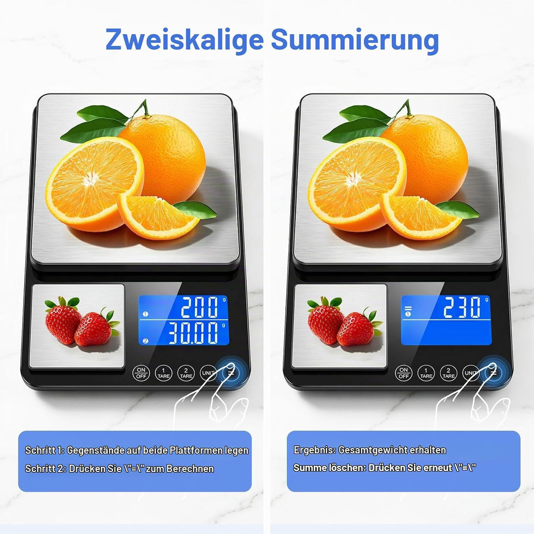 Digitale Küchenwaage mit Dualer Wiegefläche, 15kg/1g &amp; 500g/0.01g Präzisionswaage, Tara &amp; Summierung