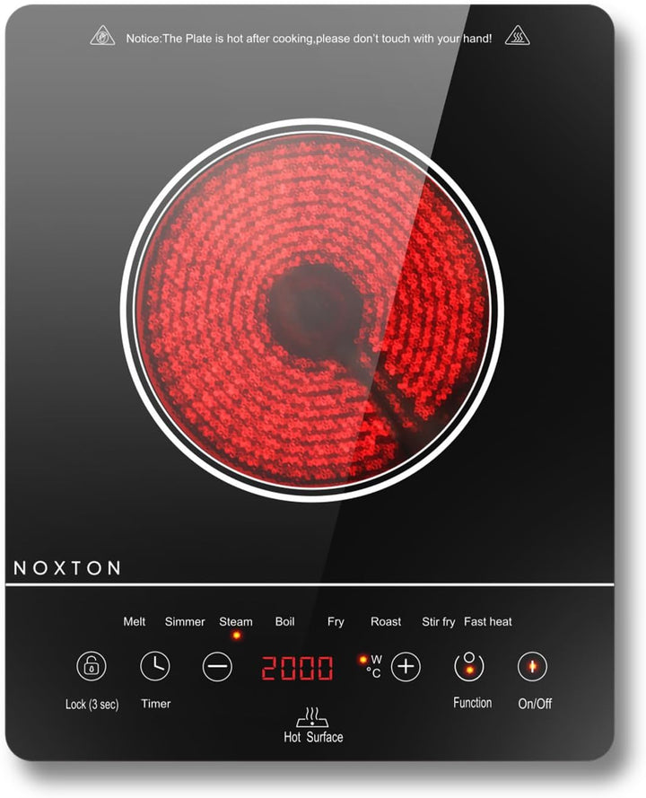 NOXTON Induktionskochfeld Einfeld 9 Leistungsstufen 2000W, Touch-Control mit LED-Display, 4h Timer,