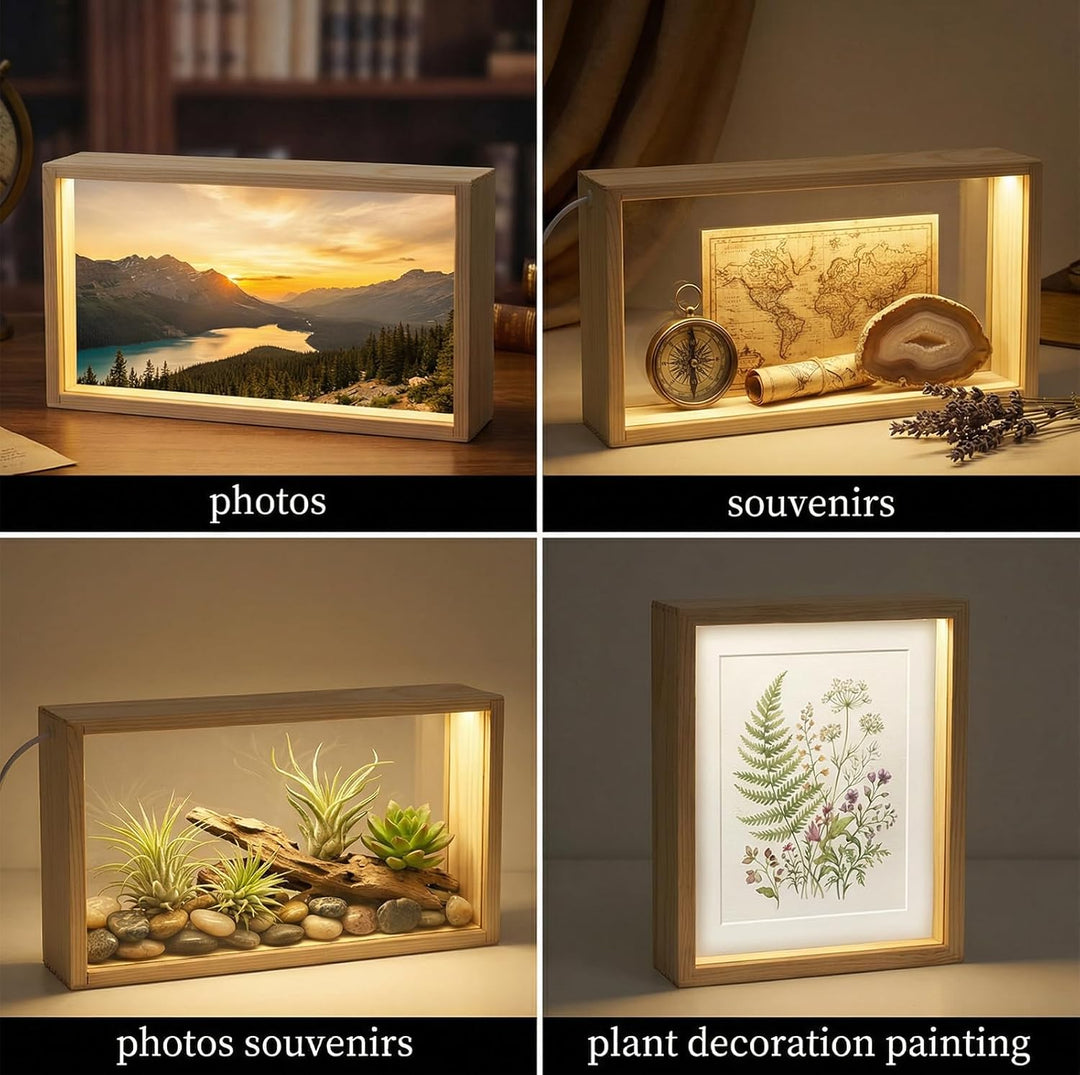 3D Bilderrahmen zum Befüllen, 26*6*13cm Objektrahmen Holz, leuchtender Fotorahmen, LED-Display-Artik