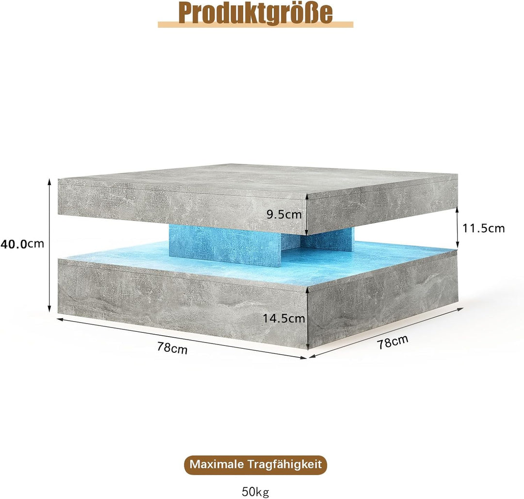 Couchtisch Wohnzimmertisch grau Matt, Sofatisch mit LED Beleuchtung modern für Wohnzimmer, 78 x 78 x