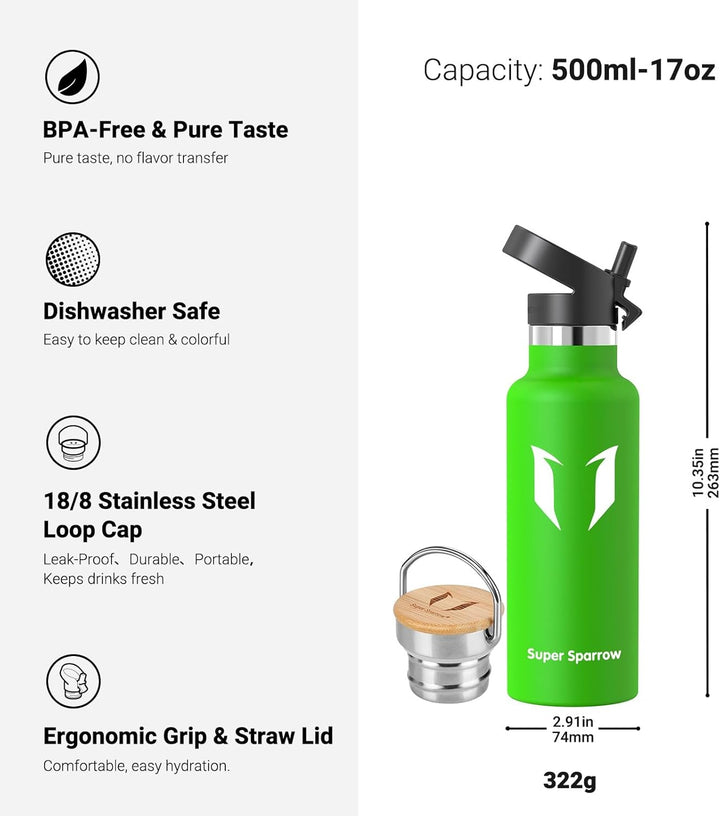 Super Sparrow Trinkflasche Edelstahl - 350ml, 500ml, 620ml, 750ml, 1L - Auslaufsicher Thermoskanne,