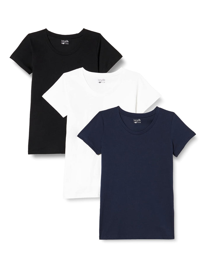 berydale Damen T-Shirt mit Rundhalsausschnitt aus 100% Baumwolle im Multipack L Schwarz/ Dunkelblau/