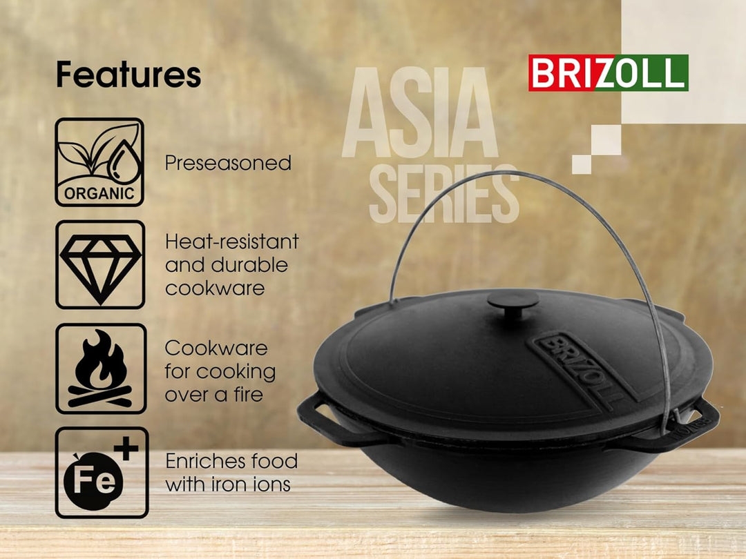 Brizoll Wok Asia 12 Liter mit Deckel aus Gusseisen