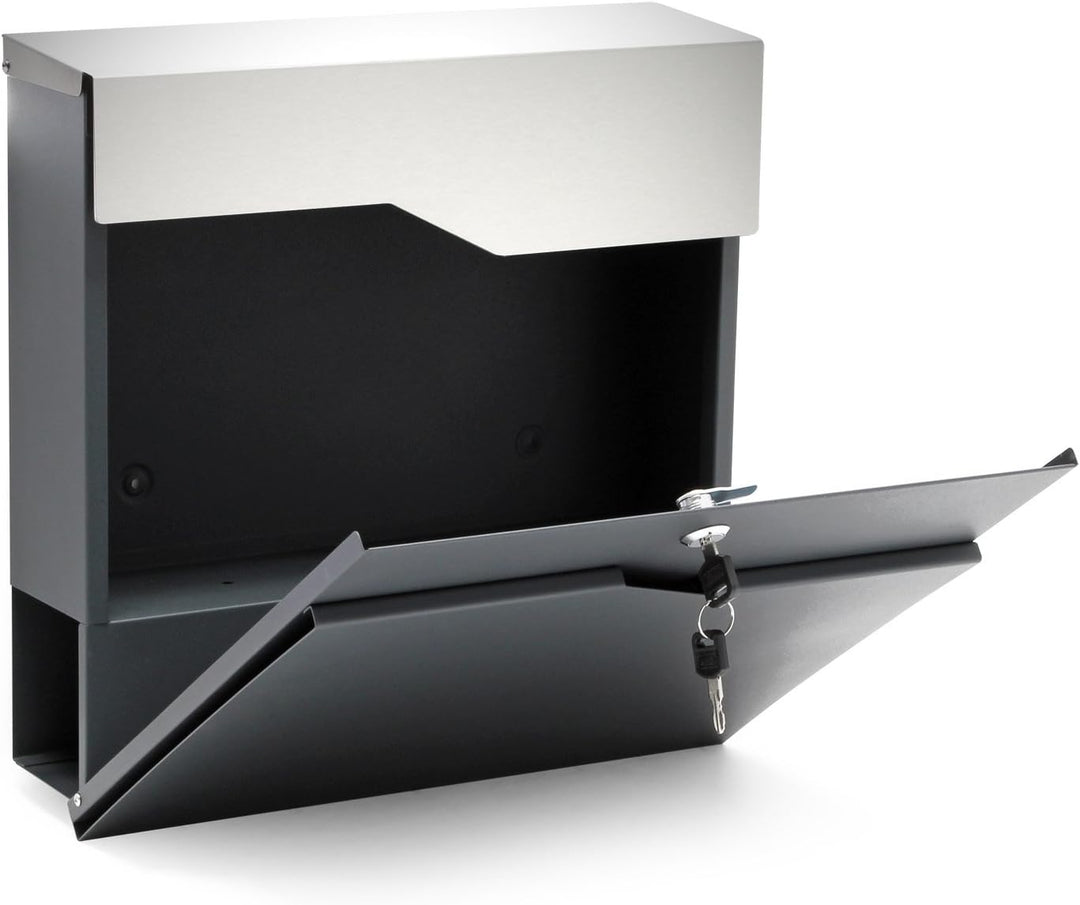 Wiltec Designer Briefkasten V20 anthrazit und Edelstahl 370 x 105 x 370 mm, Wandbriefkasten mit Schl