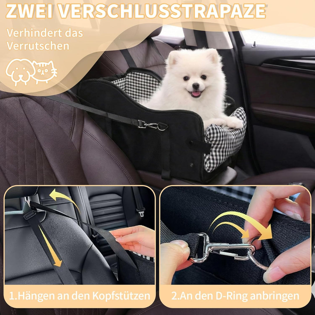 Hunde Autositz für Kleine Hunde & Katzen - Sicher auf Rücksitz, Beifahrersitz & Mittelkonsole mit Do