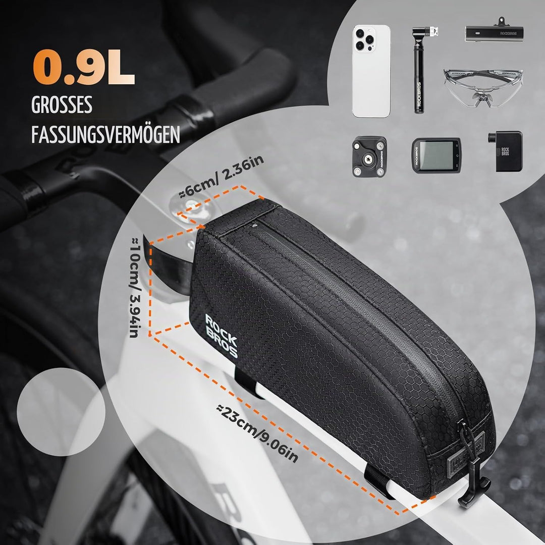 ROCKBROS Fahrrad Rahmentasche Wasserdicht Fahrradtasche Oberrohrtasche 0,9 L Schwarz für ebike, Renn