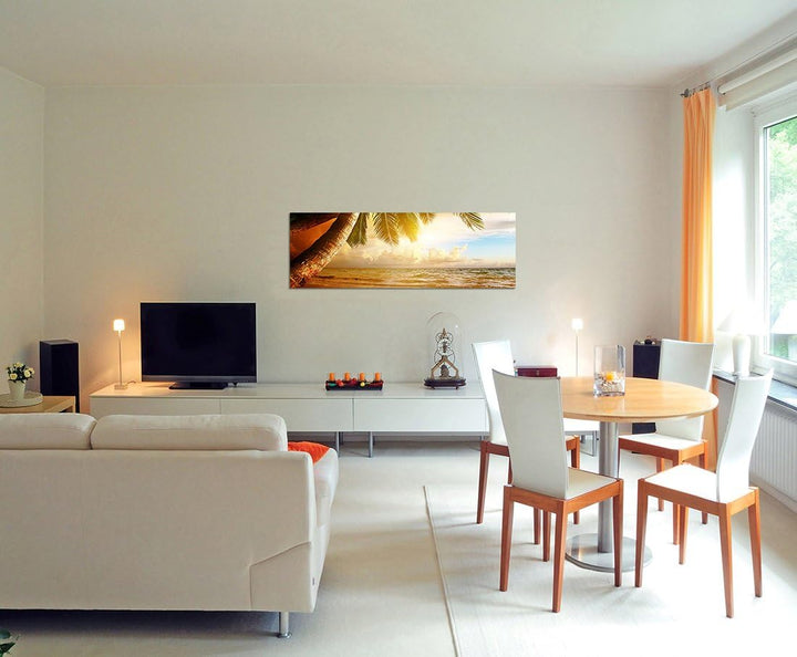 Paul Sinus Art Panoramabild auf Leinwand und Keilrahmen 120x40cm Karibik Strand Meer Palmen Sonnenau