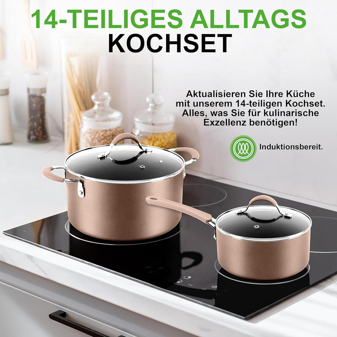 NutriChef Topfset Induktion, Pfannenset 14-teilig, Antihaftbeschichtet, Töpfe & Pfannen PFOA/PFOS-fr
