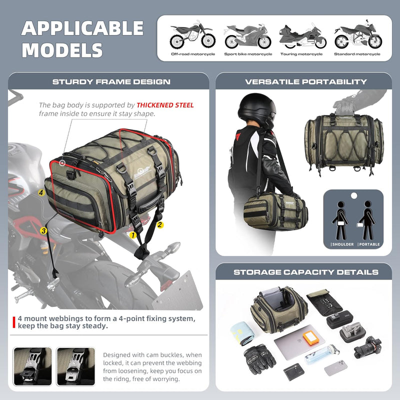 Rhinowalk Motorrad Sitztaschen 19-26L Wasserdicht Motor Rücksitztasche Gepäcktasche Hecktasche Erwei