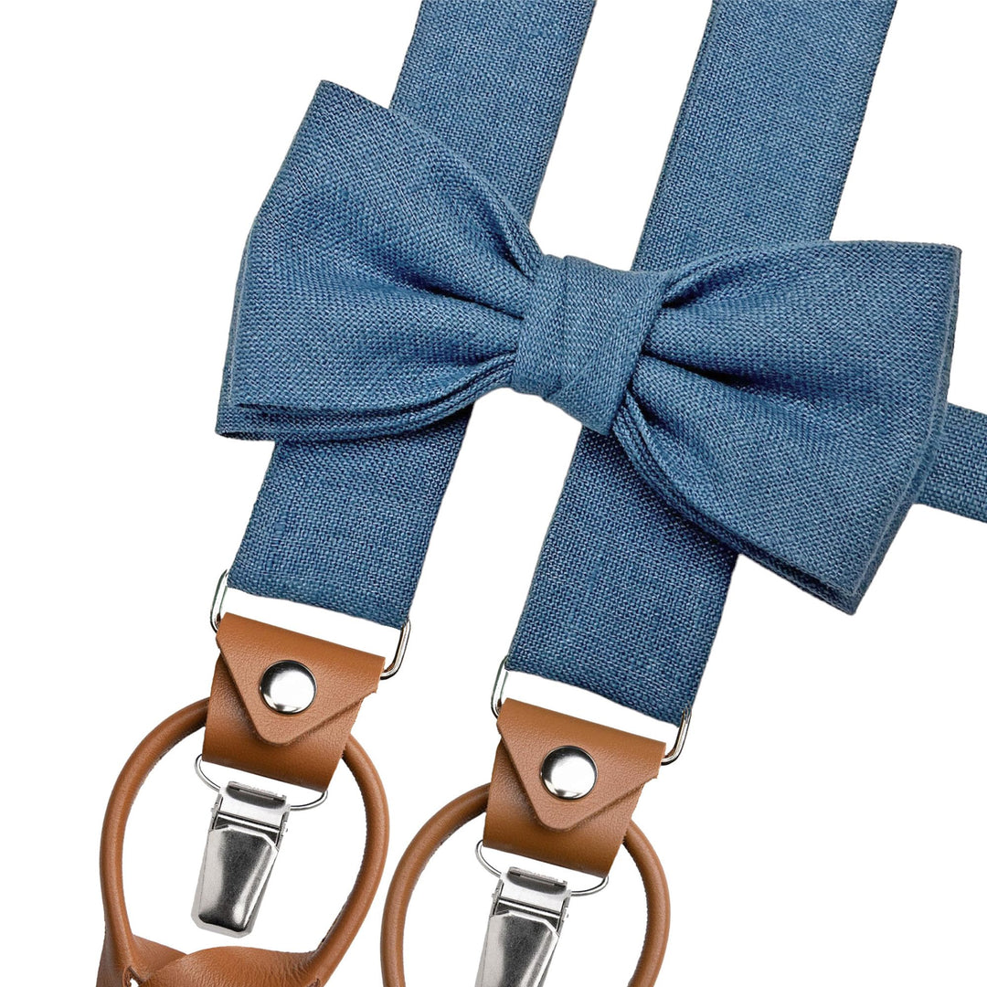 Leinen Accessoires SET: Fliege und Hosenträger Hosenträger mit Leder für Herren. Fliege Bereits gebu