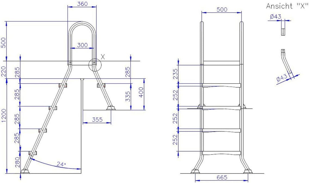 Ideal Eichenwald Poolleiter Hochbeckenleiter Schwimmbadleiter Edelstahlleiter Leiter 1,2/0,4m