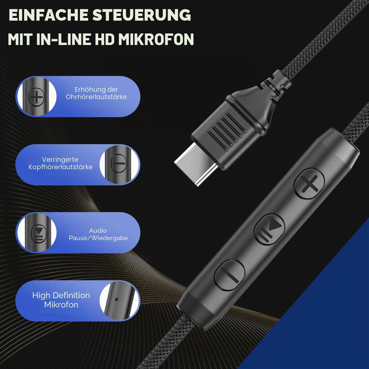 USB-C Kopfhörer mit Mikrofon und Lautstärkeregler, Over Ear Stereo Headsets für iPhone 15, 16 Pro, k
