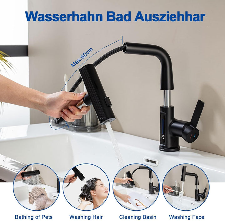 Wasserhahn Bad 360°Schwenkbar Spültischarmatur LED Temperaturanzeige,Aufsatzwaschbecken mit 3 Wasser