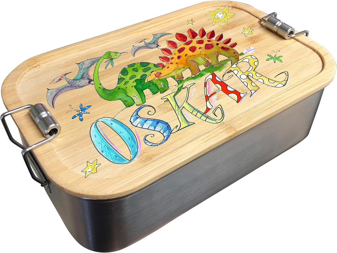 Edelstahl Bambus Brotdose Dino1, Bambusdeckel, mit