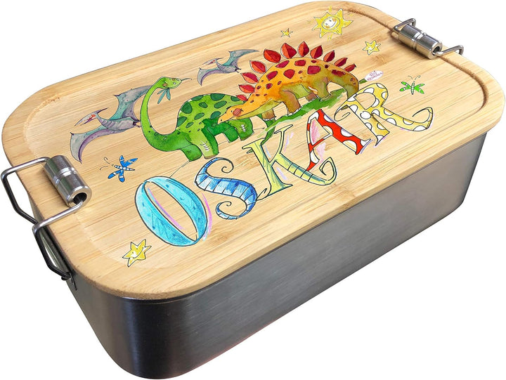 Edelstahl Bambus Brotdose Dino1, Bambusdeckel, mit