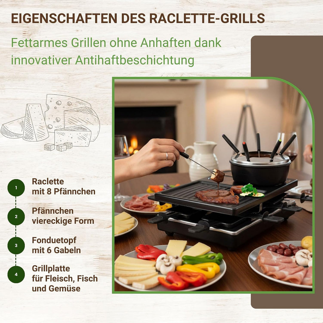 Syntrox Raclette Fondue 2in1 für 8 Personen, 1400 W, antihaft Grillplatte, 8 Pfännchen, 1,4 l Fondue