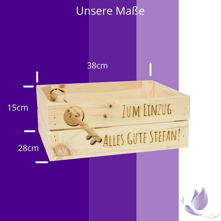 Holzkiste Personalisiert mit Wunschtext zum Einzug Schlüssel - Gravierte Erinnerungskiste Umzug Neue