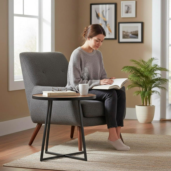 HAKU Beistelltisch rund Eiche schwarz MDF Metall runder Couchtisch - Masse: H 48 x Ø 60 cm Style: Mo