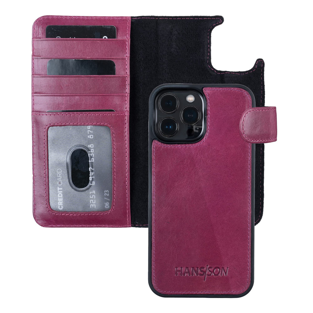 HANS/SON Hülle aus Echtleder mit Kartenfächern | iPhone 12 Pro Max Klapphülle in Magenta | Geldbeute