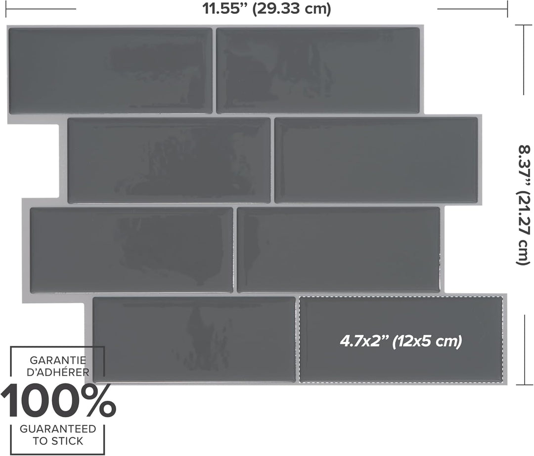 Smart Tiles Klebefliesen, Metro Anthrazitgrau, 29,34x21,28 cm | 5er-Pack (0,26 m²), Glänzend, Hitze-