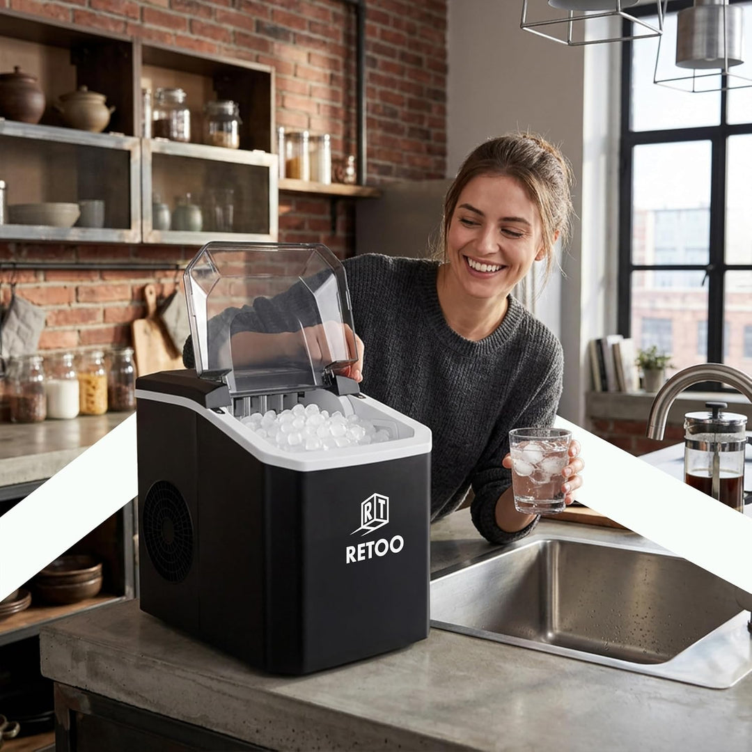 Retoo Eiswürfelmaschine 12 kg/24h, 9 Eiswürfel/6–12 Min | Selbstreinigung, 1,5 l , 2 Eisgrössen, Dis