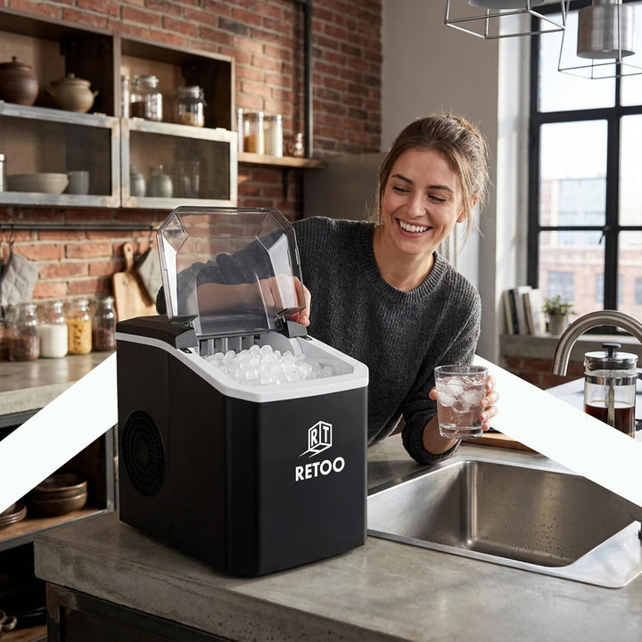 Retoo Eiswürfelmaschine 12 kg/24h, 9 Eiswürfel/6–12 Min | Selbstreinigung, 1,5 l , 2 Eisgrössen, Dis