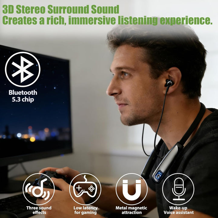 Bluetooth 5.3 Nackenbügel Kopfhörer Sport Bluetooth Kopfhörer 30Std Akku | 3D Surround, Magnet Ohrhö
