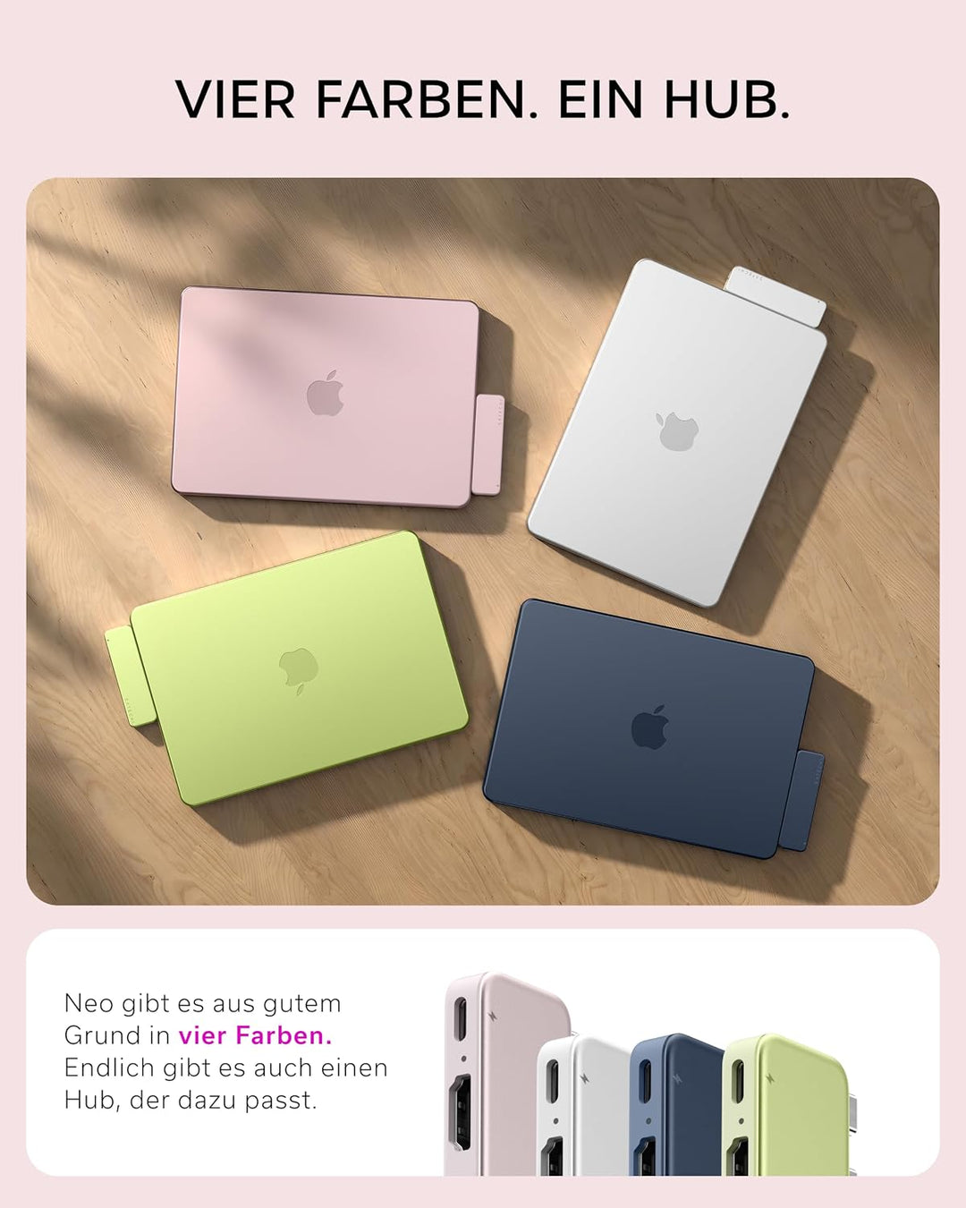SATECHI USB-C Snap Hub 6-in-2 für MacBook Neo, Rosa | PD 45 W, HDMI 4K@60 Hz, Dual-USB-C Anschluss,