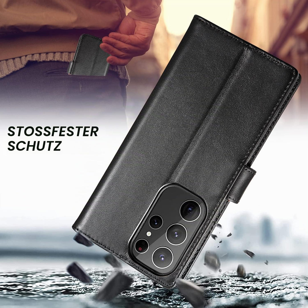 LENSUN Echtleder Hülle für Samsung Galaxy S23 Ultra, Handyhülle [Echtes Leder] [Kartenfach] [RFID Sc