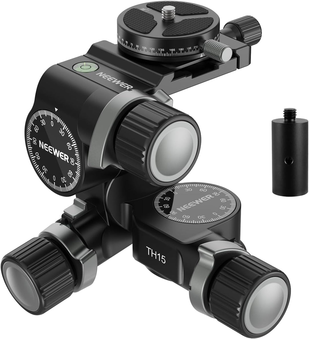 NEEWER TH15 3-Wege-Getriebe-Stativkopf mit 360°-Panorama-Arca-QR-Platte, Millimeter-Mikroeinstellung