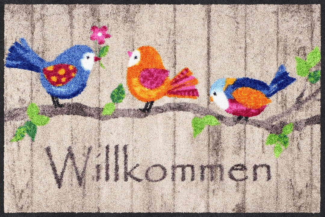 Salonloewe Birds Wood Fussmatte 50 x 75 cm Fussabtreter Türmatte Schmutzfangmatte Vögel bunt Frühlin