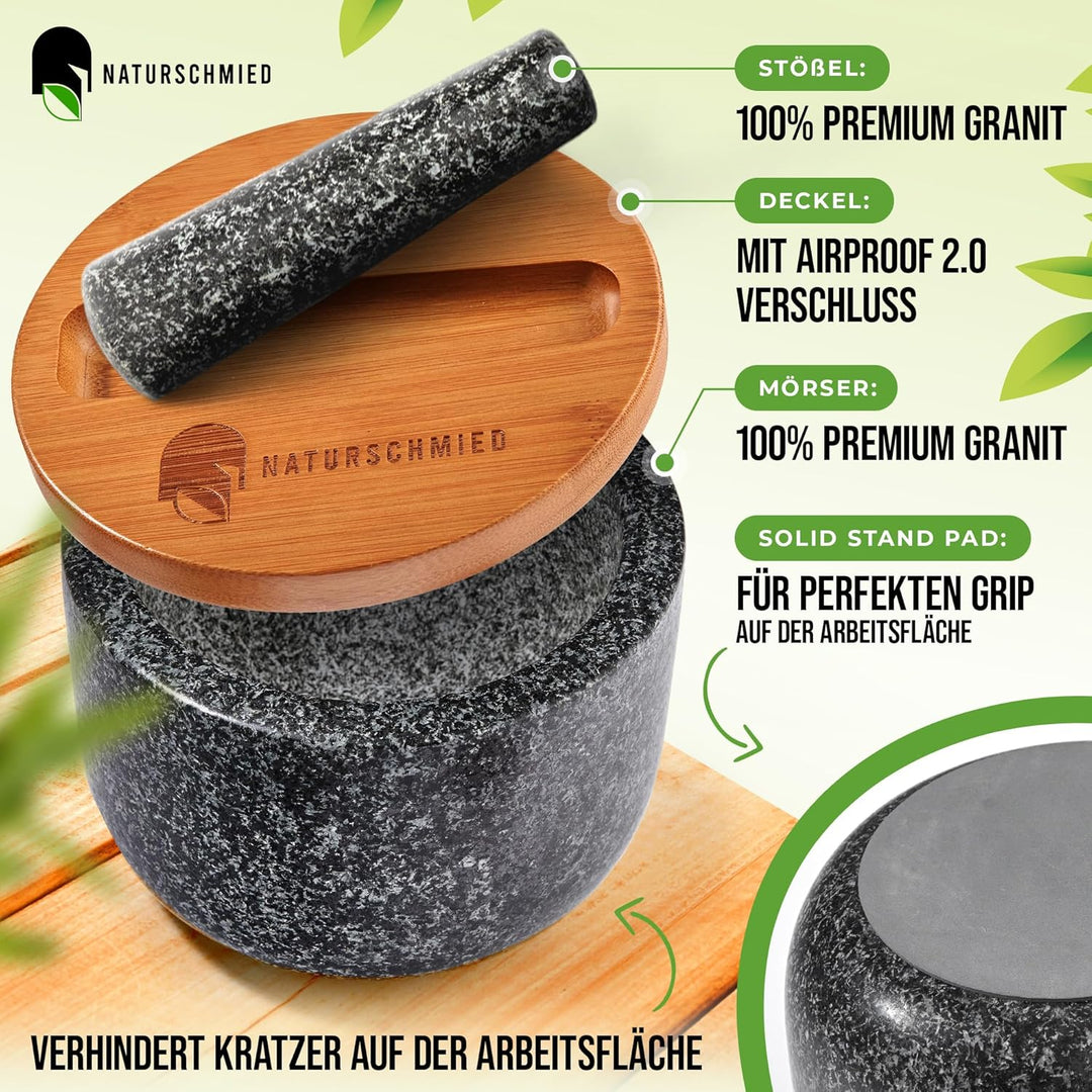 NATURSCHMIED Mörser mit Stössel & Deckel - AirProof 2.0 Verschluss + SolidStand Pad | 750 ml - Anthr