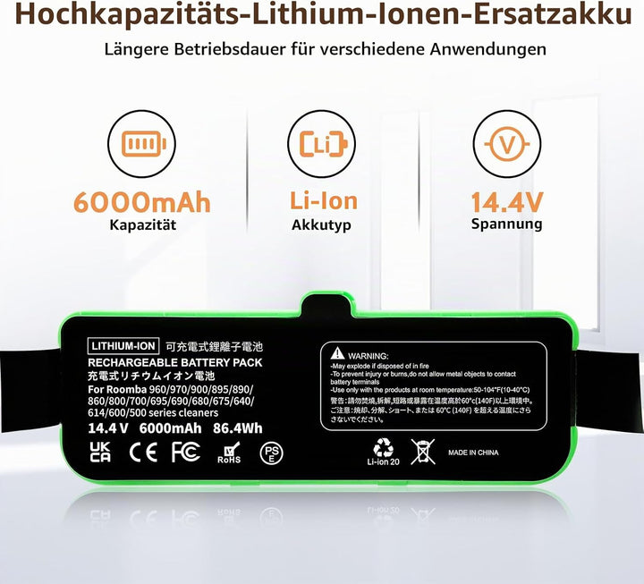 6000mAh Ersatzakku Kompatibel für iRobot Roomba 500 600 600 700 800 900 Serie für Roomba 960 981 970