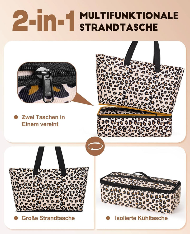 ISEYOU Strandtasche XXL Familie mit Kühltasche, Gross Strandtasche mit Reissverschluss Wasserdicht S