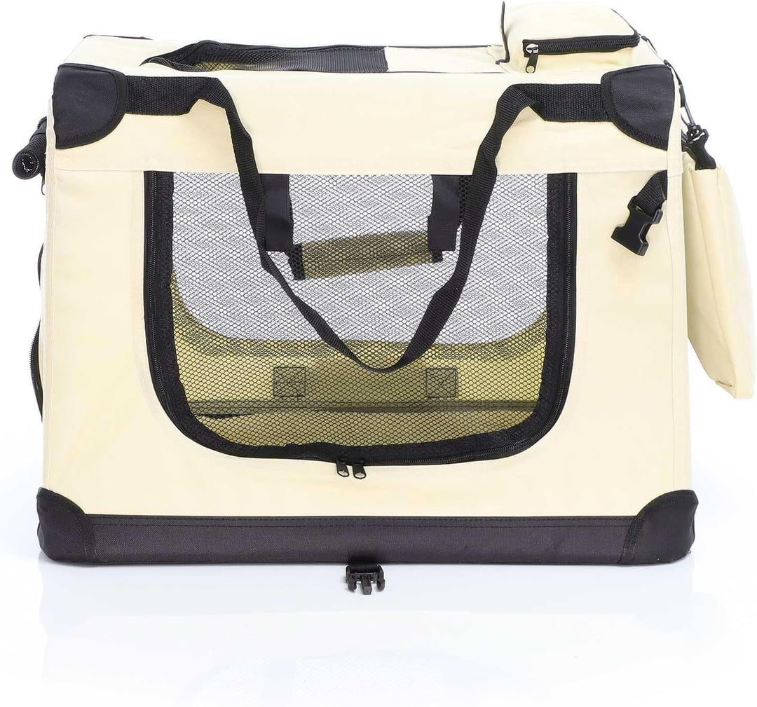 Fudajo Faltbare Transportbox in Beige für Haustiere, Grösse M (60x42x44cm), Tragegriff, Liegedecke