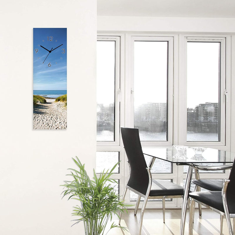 ARTLAND Wanduhr ohne Tickgeräusche Glas Quarzuhr 20x60 cm Rechteckig Lautlos Landschaft Strand Meer