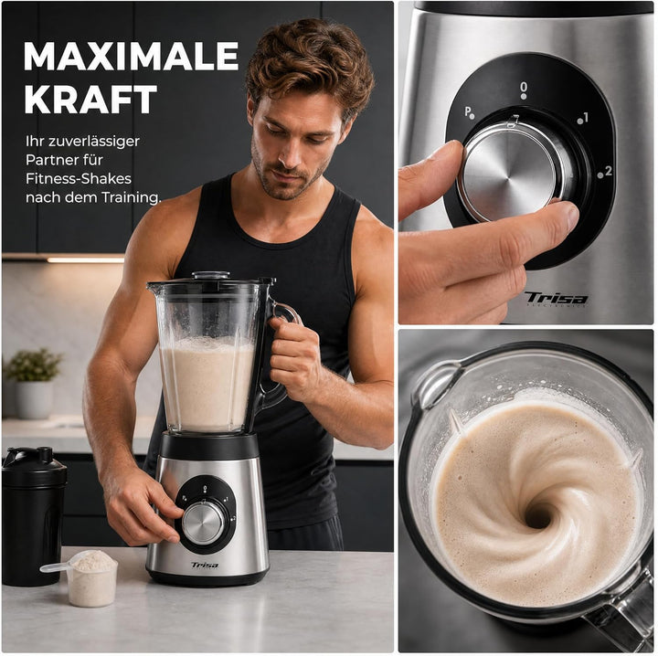 Trisa Standmixer Royal Crush 800W | Hochleistungs-Smoothie-Maker mit 1,5L Glasbehälter | Ice Crusher