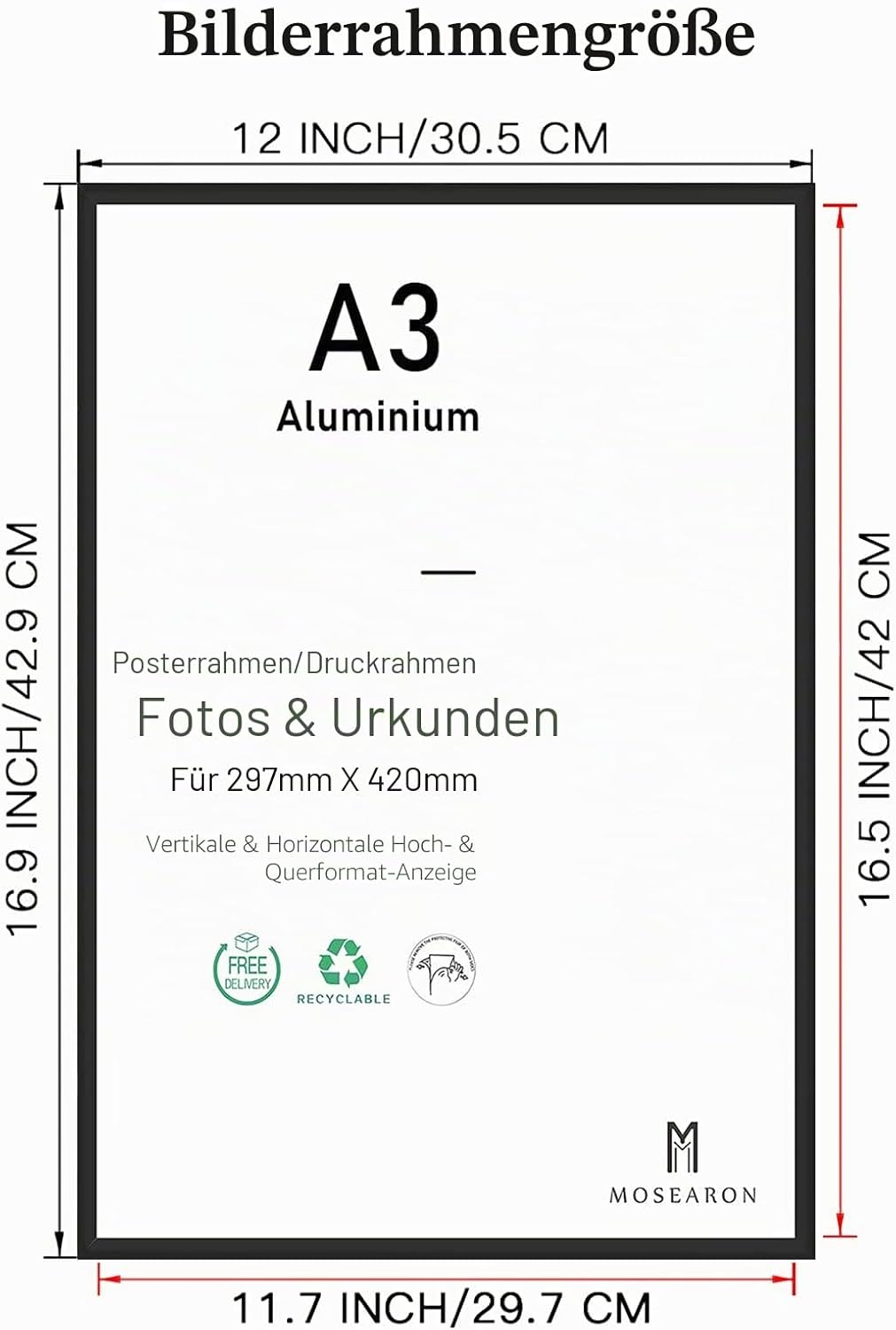 A3-Zertifikat-Bilderrahmen,2er-Pack schwarzer Fotorahmen mit Plexi-glass für Wandmontage-Display,29,