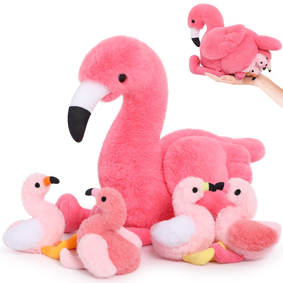 MorisMos 45cm sitzend Plüsch Flamingo mit 4 Baby im Bauch, Rosa Süss Kuschelig Flamingon Plüschtier