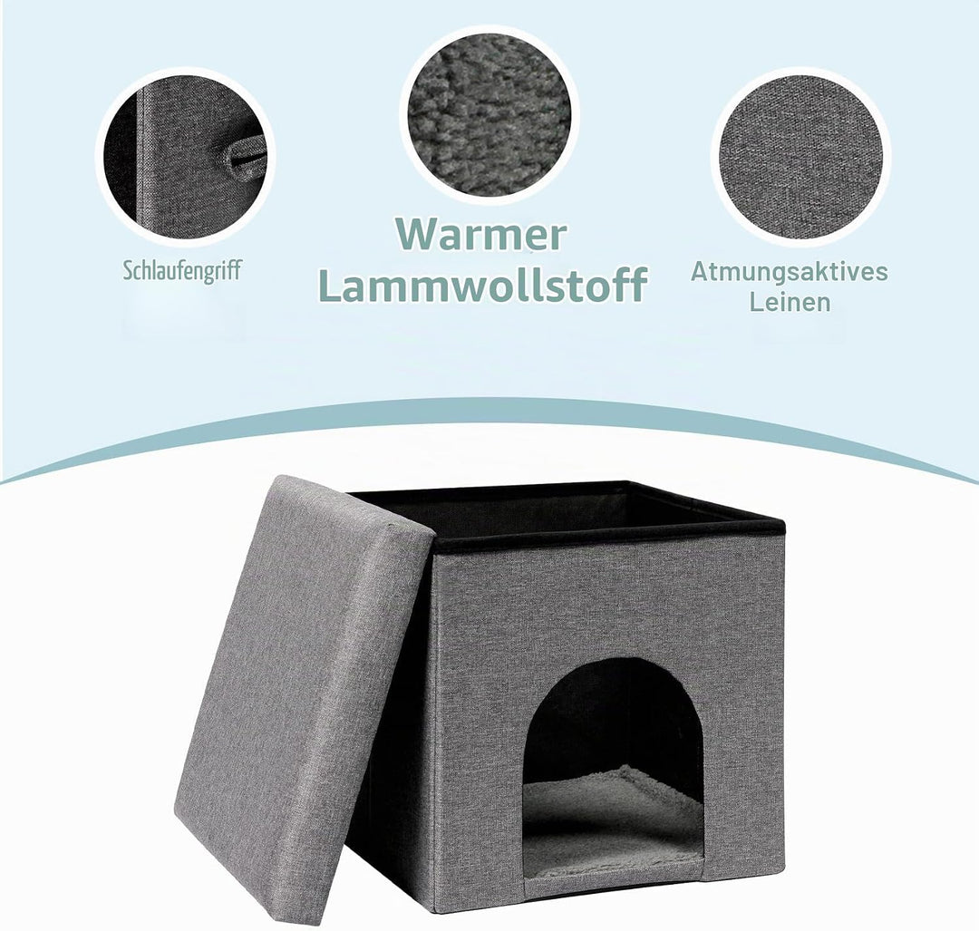 PINPLUS Katzenhöhle mit Kissen, Faltbares Katzenhaus – Stabiler Würfel mit Abnehmbarem Deckel, Gemüt