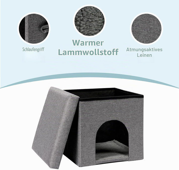 PINPLUS Katzenhöhle mit Kissen, Faltbares Katzenhaus – Stabiler Würfel mit Abnehmbarem Deckel, Gemüt